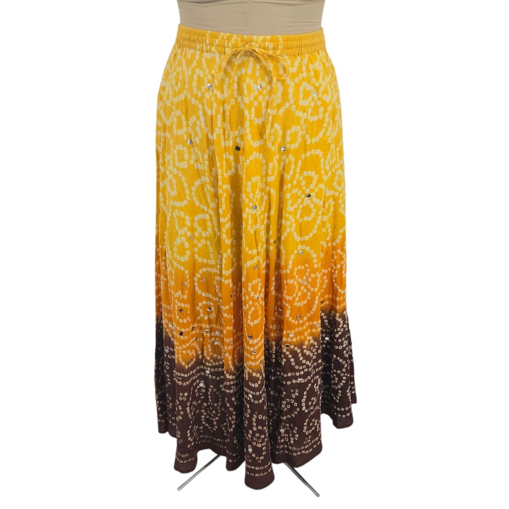 Geeta Maxi Skirt Women One Size Yellow Ombre Bandhani Sequin Boho Festival